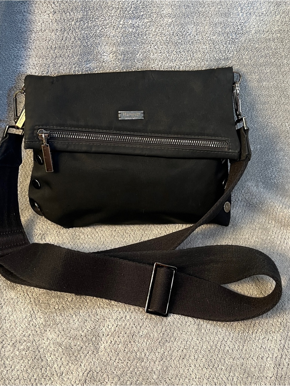 Hammitt Black Nylon Magnetic Foldover Crossbody Bag with Metal Rivets studs